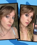 Two pictures of an editor wearing the NYX Professional Makeup Ultimate Shadow Palette in Vintage Jean Baby on a blue graphic background