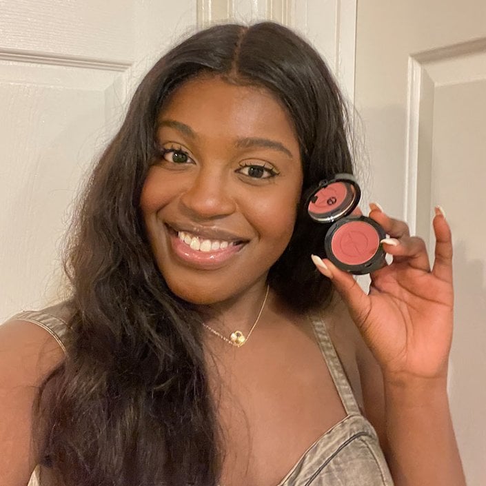 Sarah wearing the Giorgio Armani Beauty Luminous Silk Glow Blush in Mystery