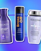 Redken Color Extend Blondage Shampoo, Matrix Brass Off Blue Shampoo and Kérastase Blond Absolu Bain Ultra-Violet Purple Shampoo collage on a blue and purple background