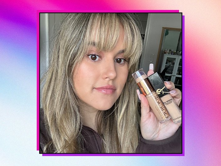 editor holding up the urban decay quickies concealer and ysl concealer