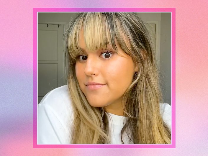 Picture of an editor with bangs on a pink and blue gradient background