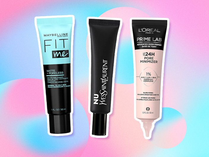 The L’Oréal Paris Prime Lab Up to 24H Pore Minimizer, the Maybelline New York Fit Me Matte+ Poreless Primer and the YSL Beauty Nu Blotting Lotion collaged on a pink and blue graphic background