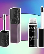 Two black lip colors on a graphic blue and purple background