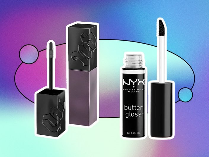 Two black lip colors on a graphic blue and purple background