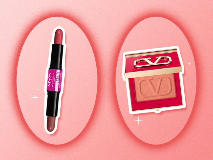 The NYX Professional Makeup Wonder Stick Blush in 03 Coral and Deep Peach and the Valentino Beauty Eye2Cheek Blush and Eyeshadow in Poudre on a red gradient background