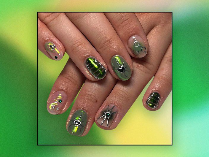 Nails painted with green builder gel polish collaged on a green graphic background