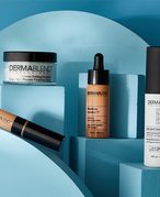 Dermablend makeup products on a blue background 