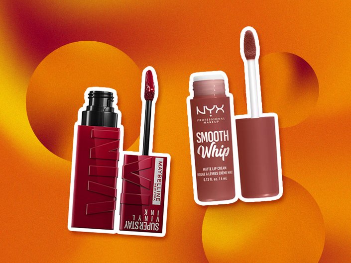 lipstick tubes collaged on an orange background