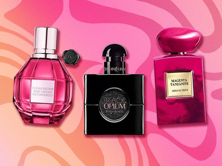 collage of perfumes on a pink and orange ombre background
