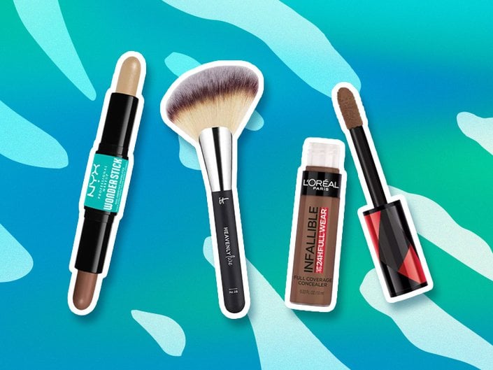 The NYX Professional Makeup Wonder Stick Contour and Highlighter Stick, IT Cosmetics Heavenly Luxe Sculpt & Define Blush Brush #25 and L'Oréal Paris Infallible Full Wear Waterproof Concealer on a blue and green graphic background