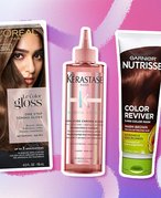 Collage of glosses for dark hair on a pink and purple graphic background