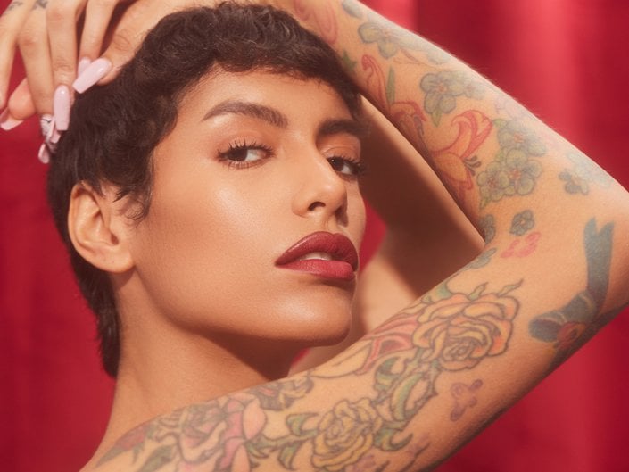 person wearing red lipstick