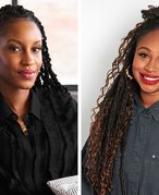 Side by side photos of Brittney Ogike, founder of BeautyBeez, wearing a black blouse and gold necklace and Sabrina Rowe Holdworth, founder of NTRL by Sabs, wearing a dark collared shirt and gold hoop earrings.