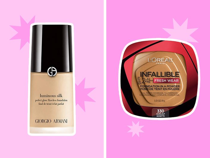 Giorgio Armani Beauty Luminous Silk Foundation and L'Oréal Paris Infallible 24HR Fresh Wear Foundation in a Powder on pink graphic background 
