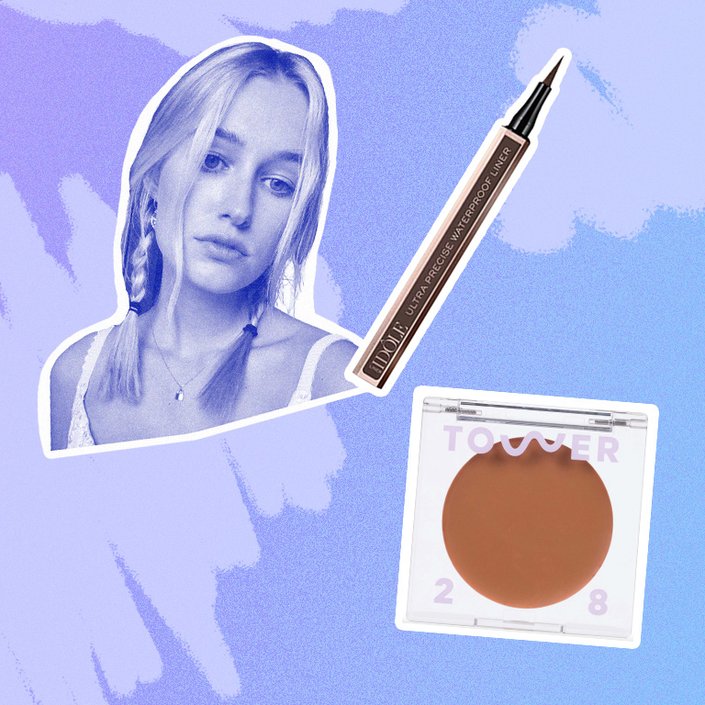 tower 28 contour bronzer and lancome liquid liner collaged onto a blue background with a photo of jordan