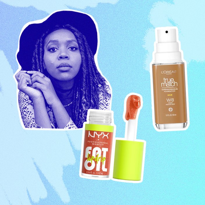 nyx fat oil lip drip and loreal paris true match foundation collaged onto a blue background with a photo of kat