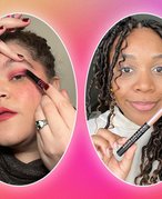 two selfies of editors wearing the Maybelline New York Color Tattoo Eye Stix, collaged on a pink and yellow graphic background