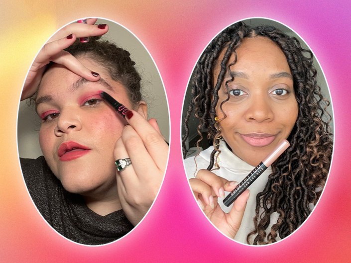 two selfies of editors wearing the Maybelline New York Color Tattoo Eye Stix, collaged on a pink and yellow graphic background