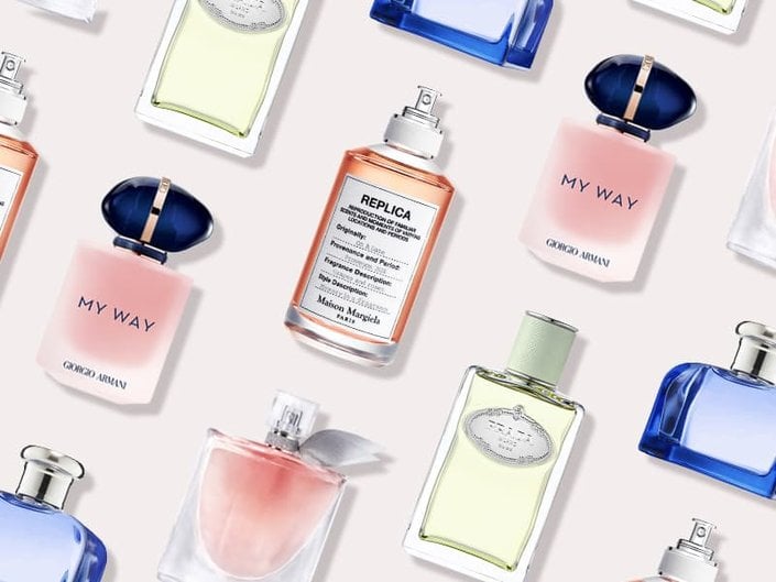 Collage of Viktor & Rolf Flowerbomb Eau de Parfum, YSL Beauty Black Opium Eau de Parfum and Valentino Beauty Donna Born in Roma Coral Fantasy Eau de Parfum on a pink and purple background