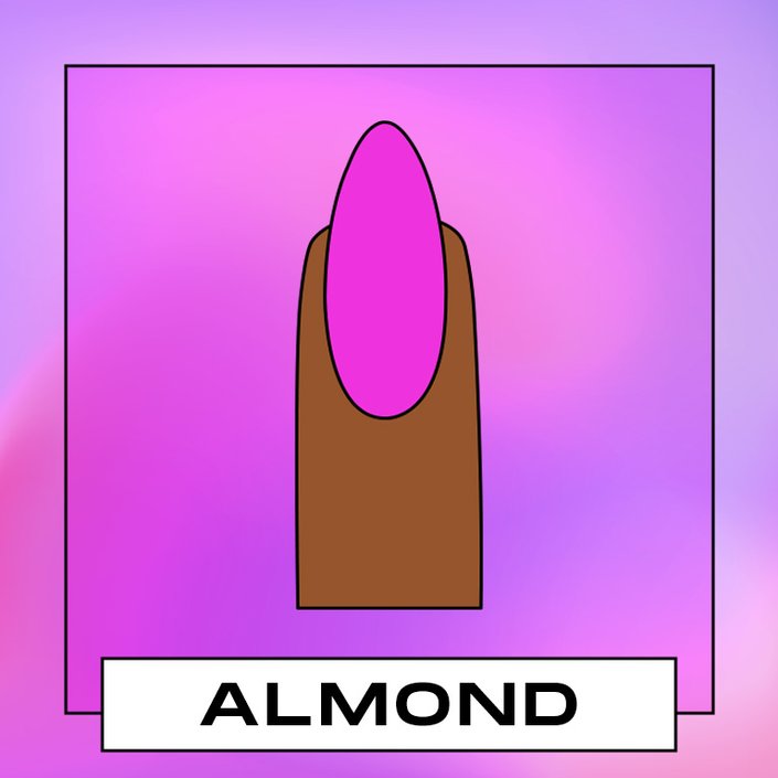 Illustration of an almond-shaped nail painted pink on a pink and purple graphic background