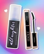 Urban Decay All Nighter Setting Spray and Lancôme Lash Idôle Mascara on colorful graphic background