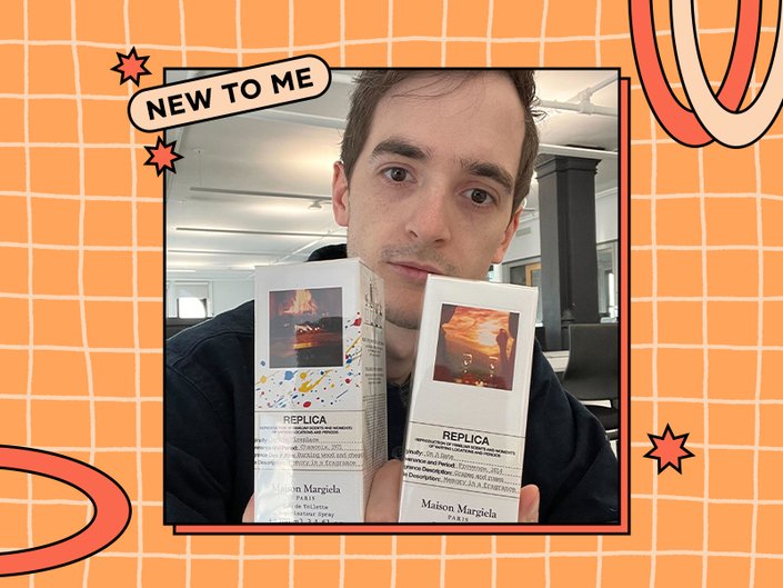 stephen holding two maison margiela fragrance boxes collaged on an orange graphic background