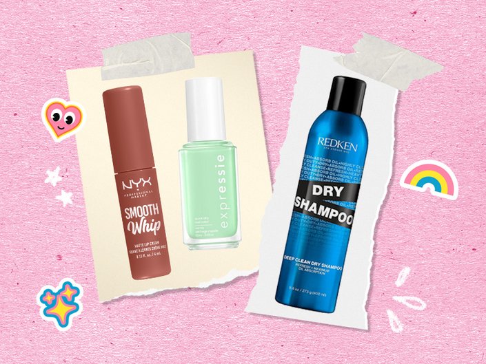 NYX Professional Makeup Smooth Whip Matte Lip Cream, Essie nail polish and Redken Deep Clean Dry Shampoo Jumbo on pink graphic background 