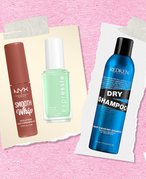 NYX Professional Makeup Smooth Whip Matte Lip Cream, Essie nail polish and Redken Deep Clean Dry Shampoo Jumbo on pink graphic background 