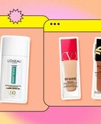 Loreal bright reveal sunscreen, very Valentino sunscreen foundation and ysl all hours foundation on pink and orange background 
