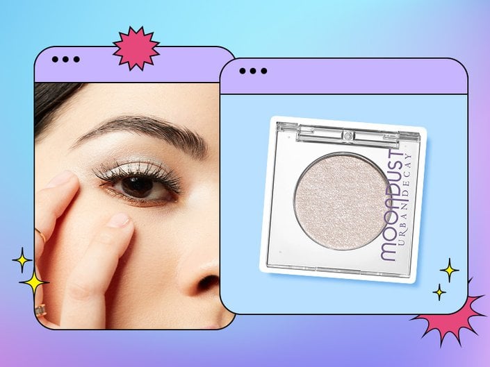 collage of person wearing white eyeshadow and white eyeshadow product on a blue and purple background