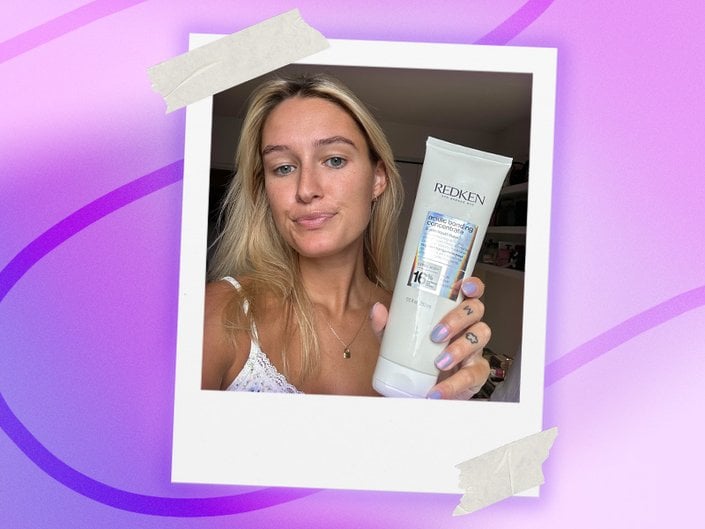 Photo of an editor with long blonde hair holding up the Redken Acidic Bonding Concentrate 5-Min Liquid Mask Review, collaged on a purple graphic background
