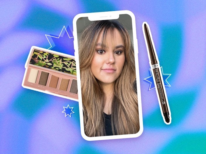 Photo of editor on a blue and purple background with the Urban Decay Naked Fox Mini Eyeshadow Palette and the L’Oréal Paris Infallible Grip Gel Eyeliner.