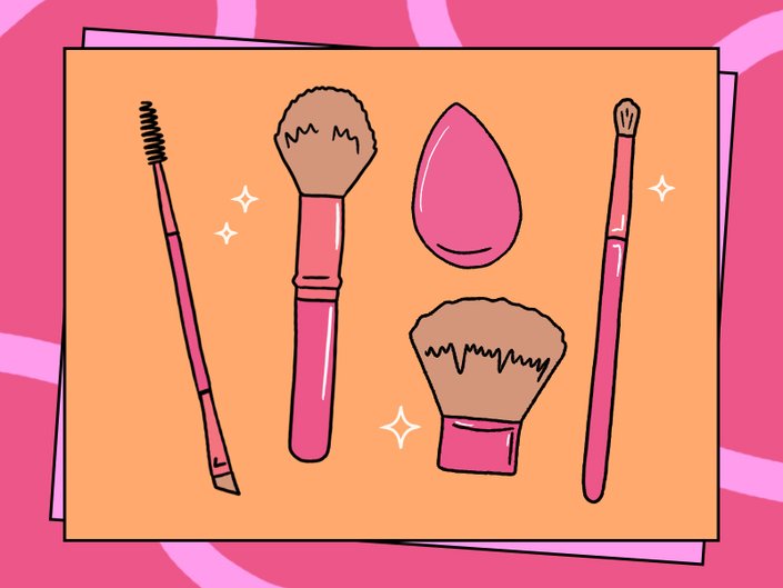 An illustration of makeup brushes on a graphic pink and orange background