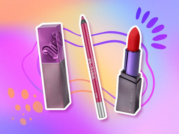 Picture of the Urban Decay Vice Lip Bond, Urban Decay 24/7 Glide-on Waterproof Lip Liner and the Urban Decay Vice Lipstick on a graphic purple and orange background