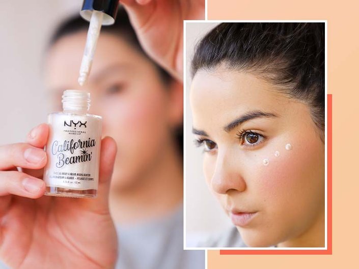 Melissa applying NYX Professional Makeup California Beamin' Face and Body Highlighter to her cheekbones