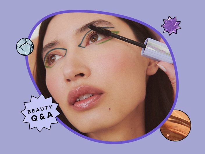 Photo of person with blue and green graphic eyeliner applying mascara, collaged on a purple background with the Beauty Q&A logo