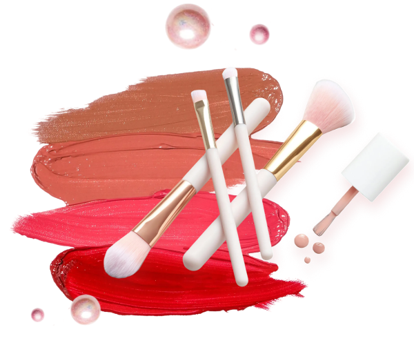 Collage of makeup swipes and brushes in red and brown hues